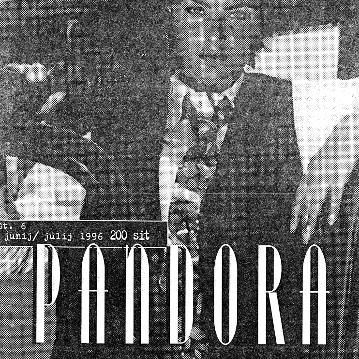 naslovnica pandora: ženska z ličenim obrazom, oblečena v srajco, kravato in telovnik